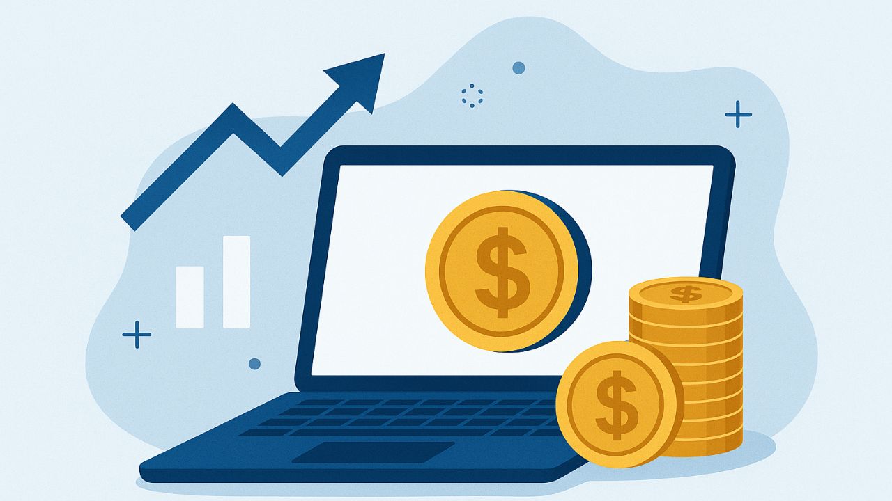 Ilustração digital de um laptop azul com moedas douradas e gráficos de crescimento ao fundo, simbolizando renda extra online.