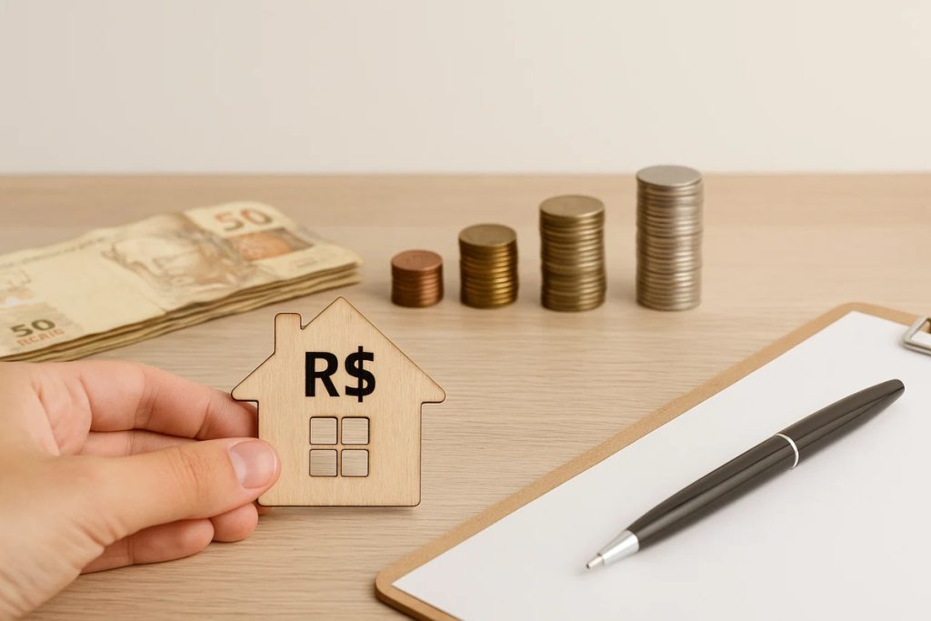 Mão segurando uma pequena casa de madeira com o símbolo de real gravado, sobre uma mesa com notas de 50 reais, pilhas de moedas e uma prancheta com caneta, simbolizando planejamento financeiro, investimento imobiliário e relação com empréstimo consignado taxas mais baixas.