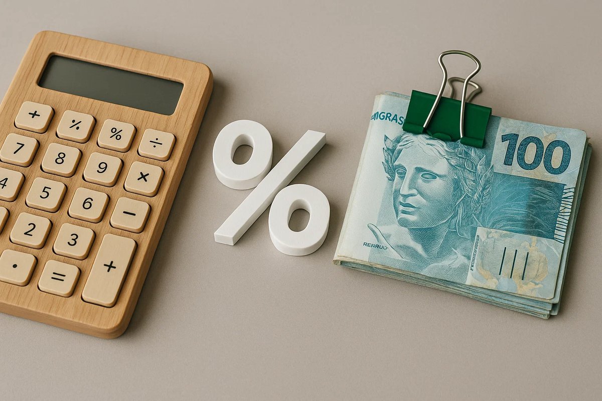 Calculadora de madeira ao lado de um símbolo de porcentagem branco e de um maço de notas de 100 reais presas por um clipe verde, representando o cálculo de taxas de juros e finanças pessoais.