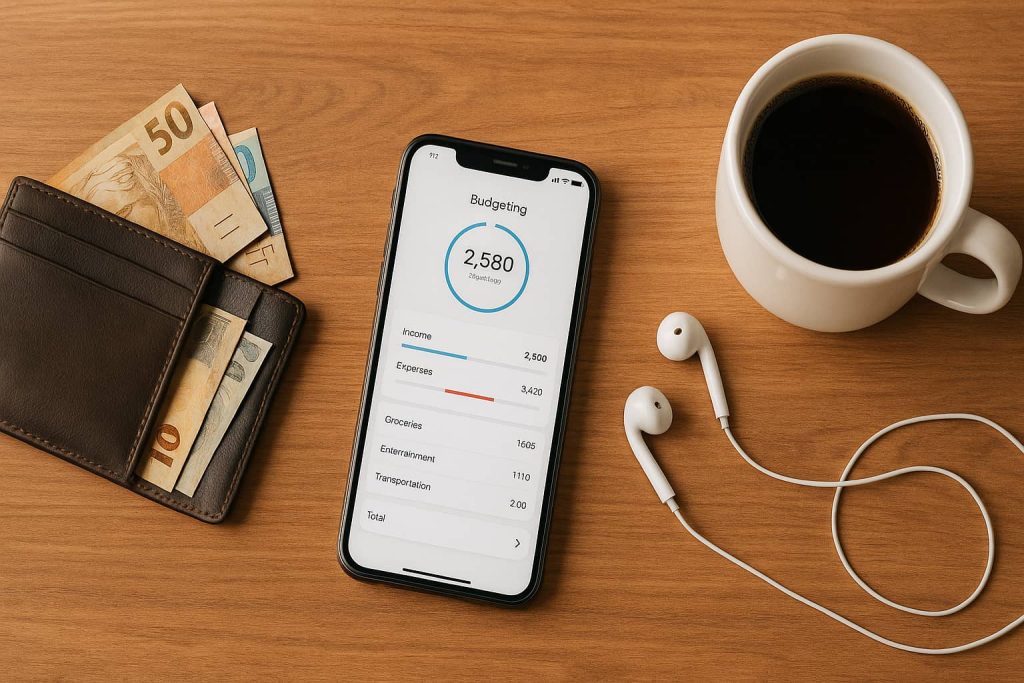 Educação financeira para jovens - Mesa de madeira com carteira aberta contendo notas, celular exibindo aplicativo financeiro genérico, fones de ouvido brancos e xícara de café, simbolizando organização e rotina financeira.