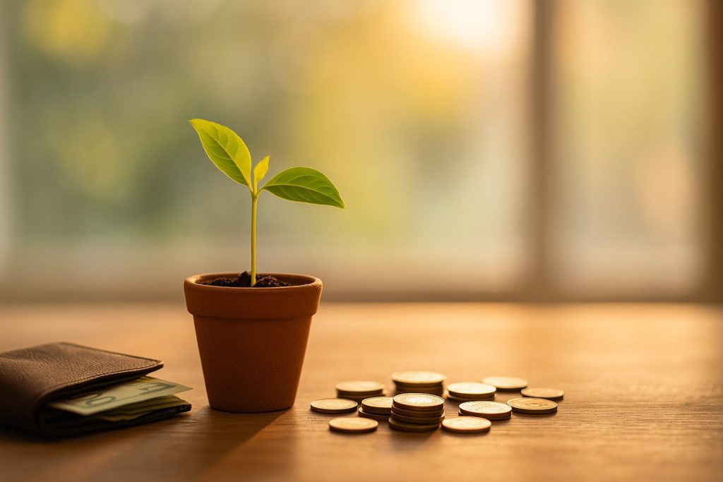 Pequena planta crescendo em vaso de barro ao lado de moedas sobre uma mesa de madeira, iluminada pela luz suave do fim da tarde, simbolizando crescimento financeiro e esperança.