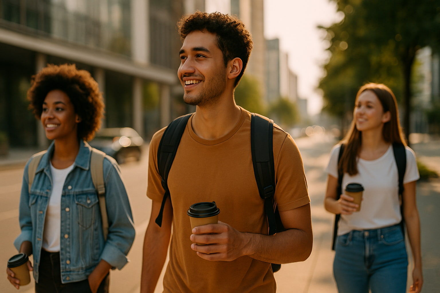 Três jovens caminhando por uma rua urbana iluminada pela luz dourada do fim da tarde, sorrindo e segurando cafés para viagem, transmitindo leveza e confiança.