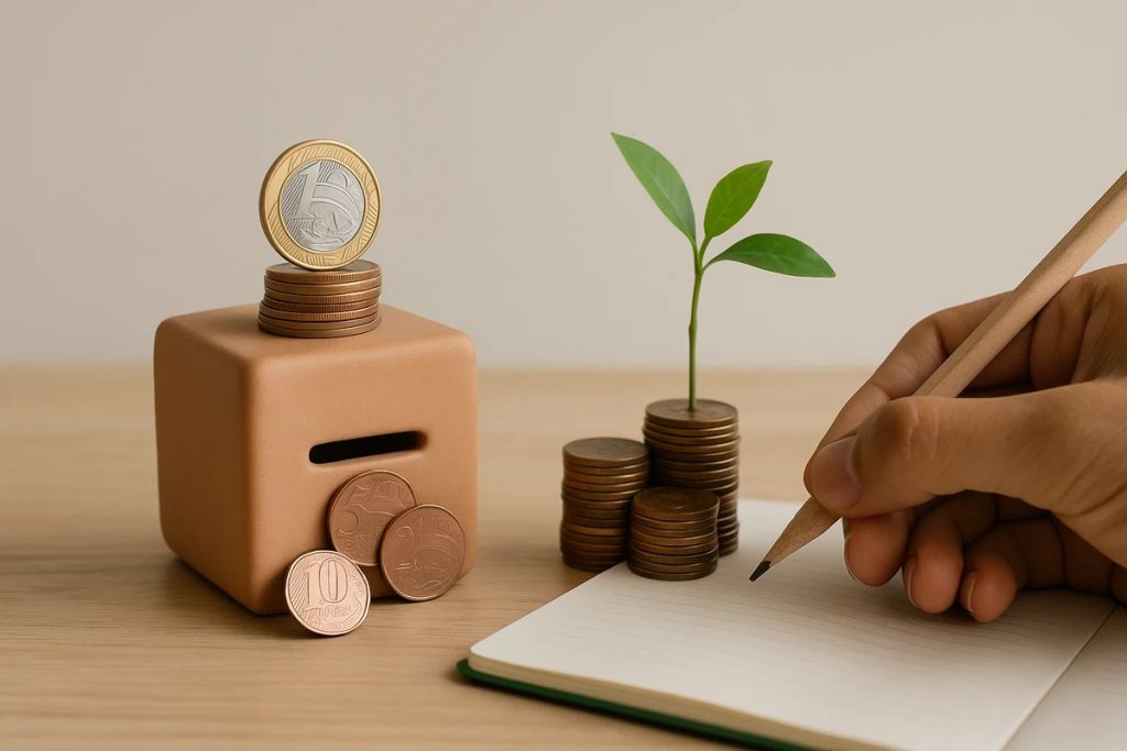 Cofrinho de cerâmica em formato cúbico sobre mesa de madeira, com moedas empilhadas e uma moeda de um real no topo; ao lado, pilhas de moedas sustentam um pequeno broto verde e uma mão escreve em caderno aberto com lápis de madeira, representando o conceito de como investir com pouco dinheiro.