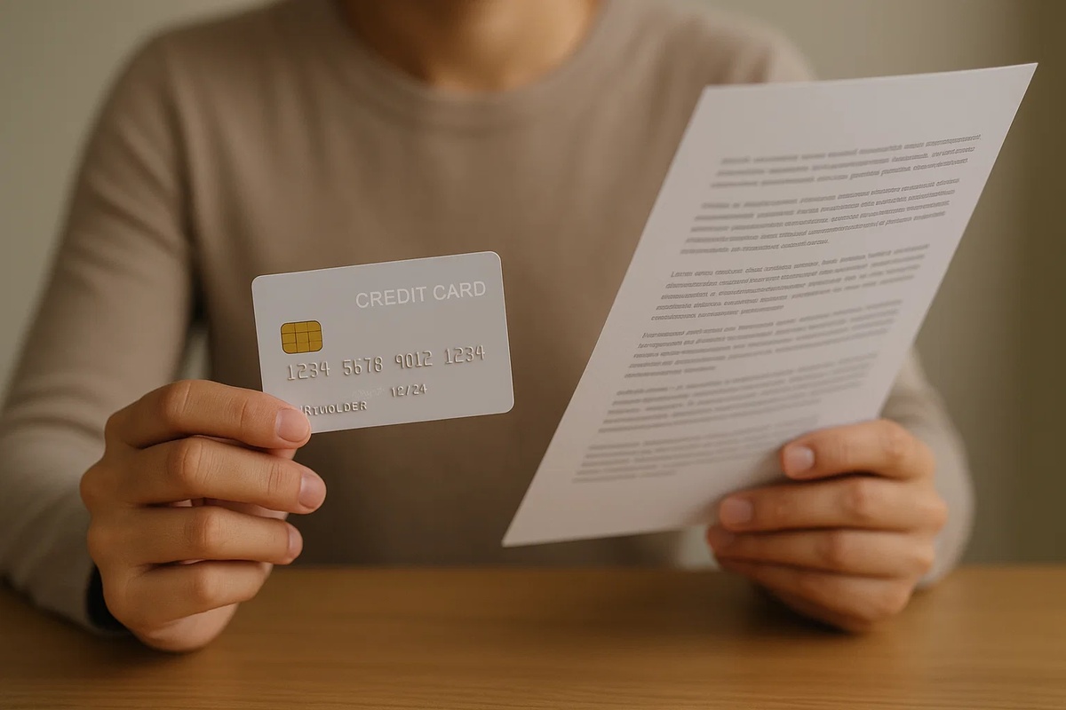 Pessoa sentada a uma mesa segurando um cartão de crédito branco com chip visível e números em relevo, enquanto lê um documento com várias linhas de texto em papel branco, em um ambiente neutro e bem iluminado. A cena destaca o ato de conferir informações financeiras e combina elementos que remetem a uso responsável de cartão, análise de termos e organização pessoal, incluindo o que é limite de crédito e como ele é definido.