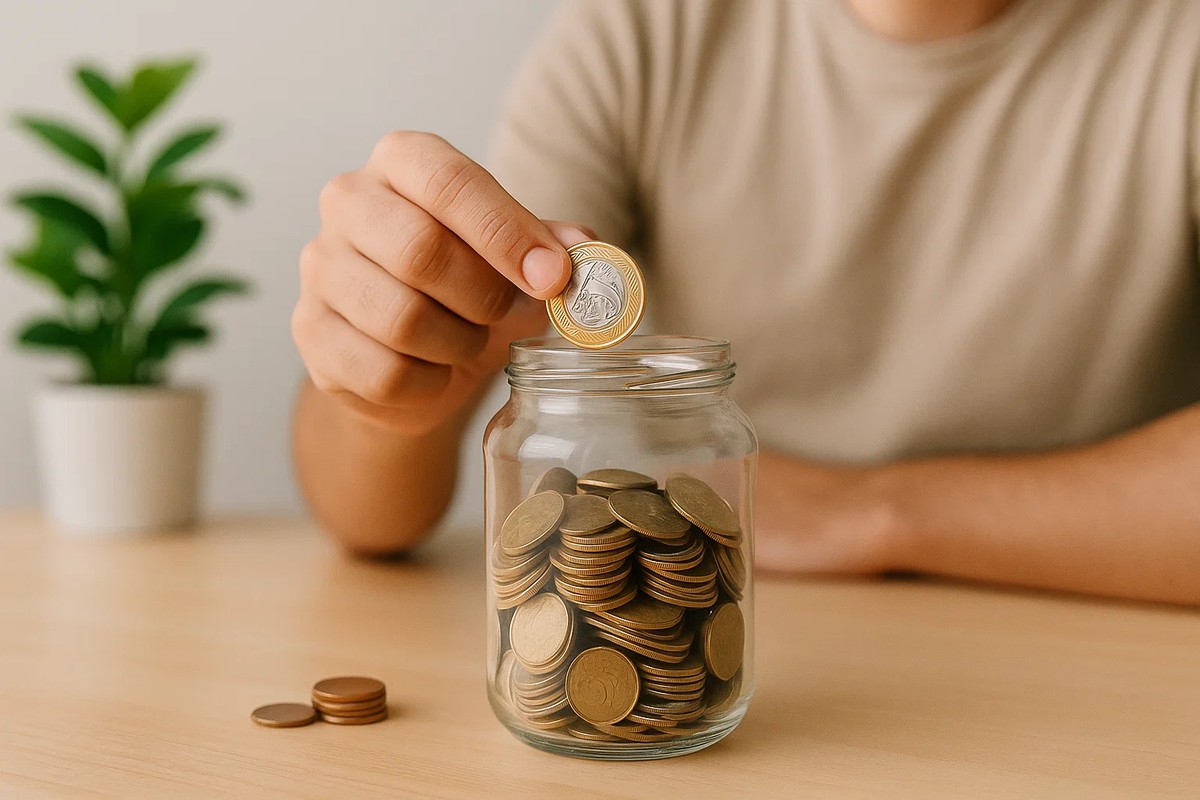 Pessoa de camiseta bege deposita moeda de um real em pote de vidro cheio de moedas douradas sobre mesa de madeira clara, com planta verde desfocada ao fundo.