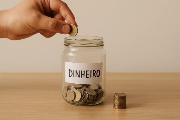 Mão colocando uma moeda em um pote de vidro rotulado como dinheiro, com moedas empilhadas ao lado, representando hábitos simples de economia e como guardar dinheiro todos os meses de forma consistente.