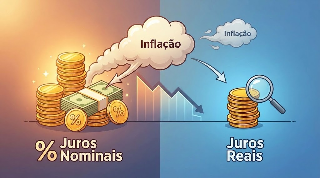 Ilustração explicativa mostrando a diferença entre juros nominais e reais, com pilhas de moedas, inflação representada por nuvem e gráfico de queda do poder de compra ao fundo.