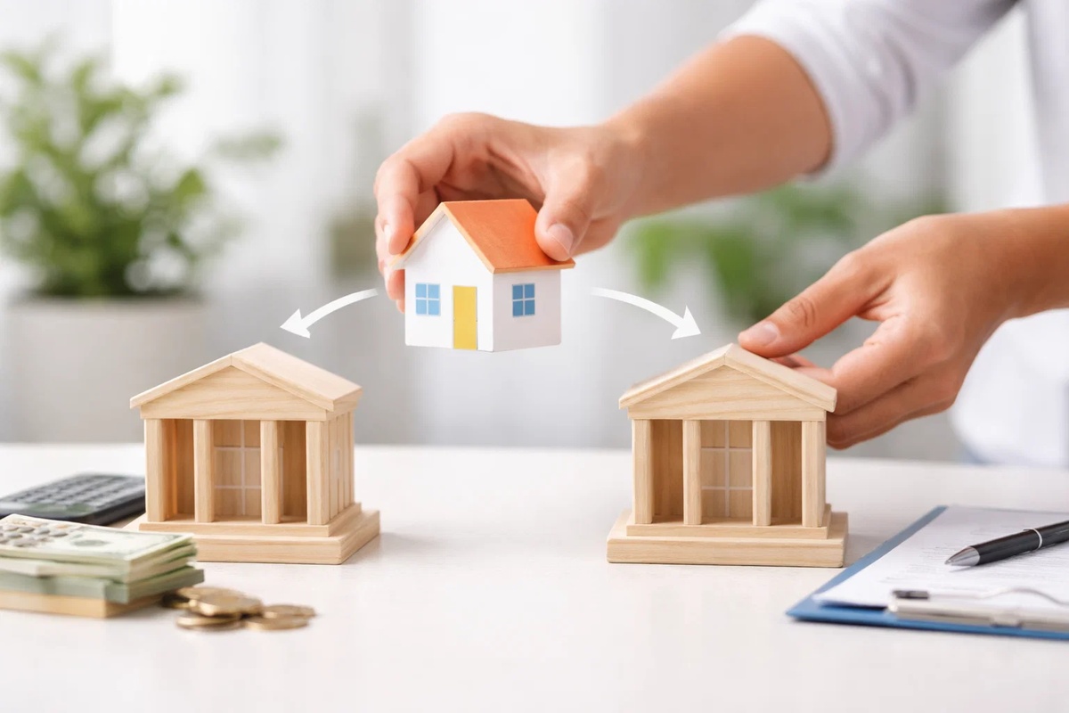 Mãos transferindo uma casa em miniatura entre duas instituições financeiras representadas por prédios de madeira, ilustrando o que é portabilidade de crédito em um processo de troca de empréstimo para melhores condições.