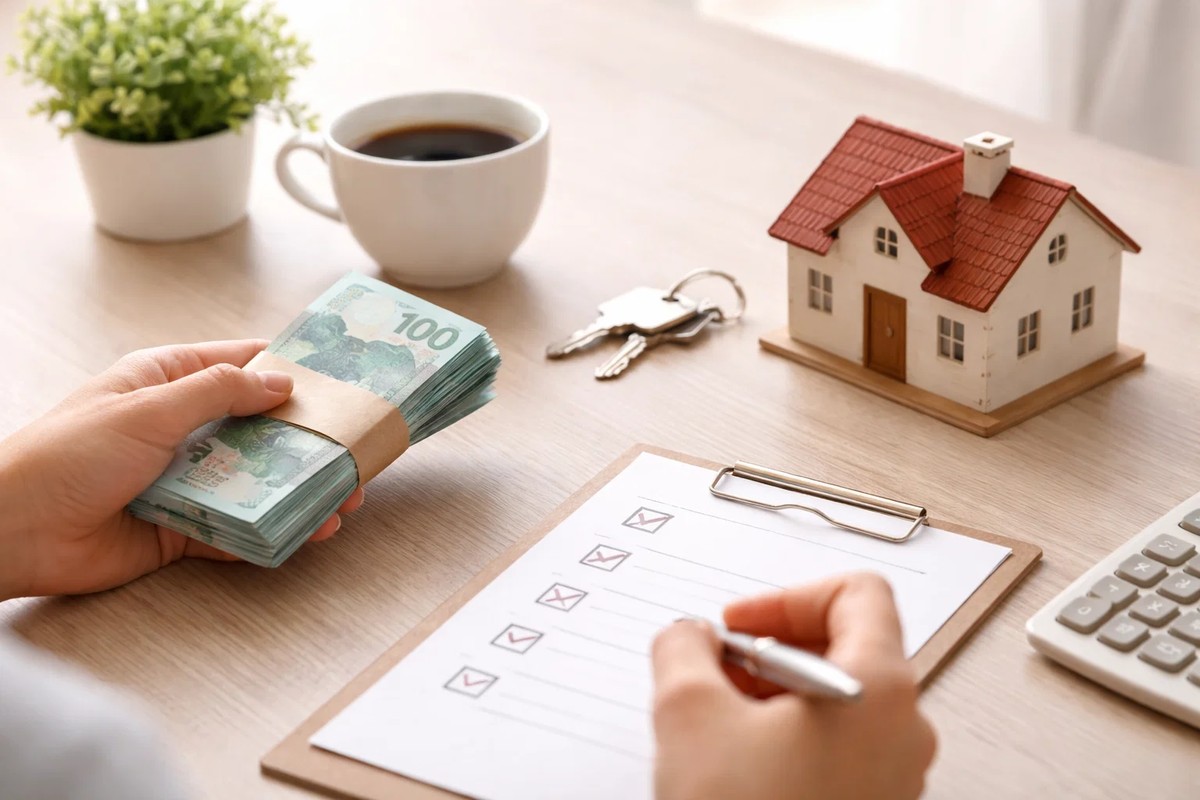 Pessoa segurando um maço de dinheiro enquanto preenche uma lista de verificação sobre a mesa, com uma miniatura de casa, chaves de imóvel, calculadora e xícara de café ao fundo, ilustrando uma decisão financeira sobre quando o empréstimo vale a pena para aquisição ou planejamento de um imóvel