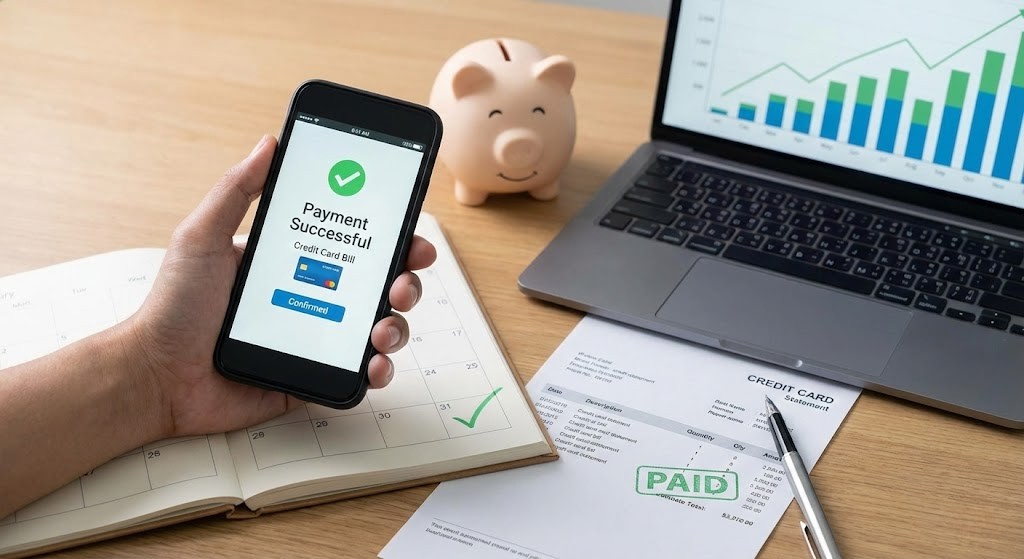 Celular com pagamento aprovado ao lado de fatura de cartão e notebook.