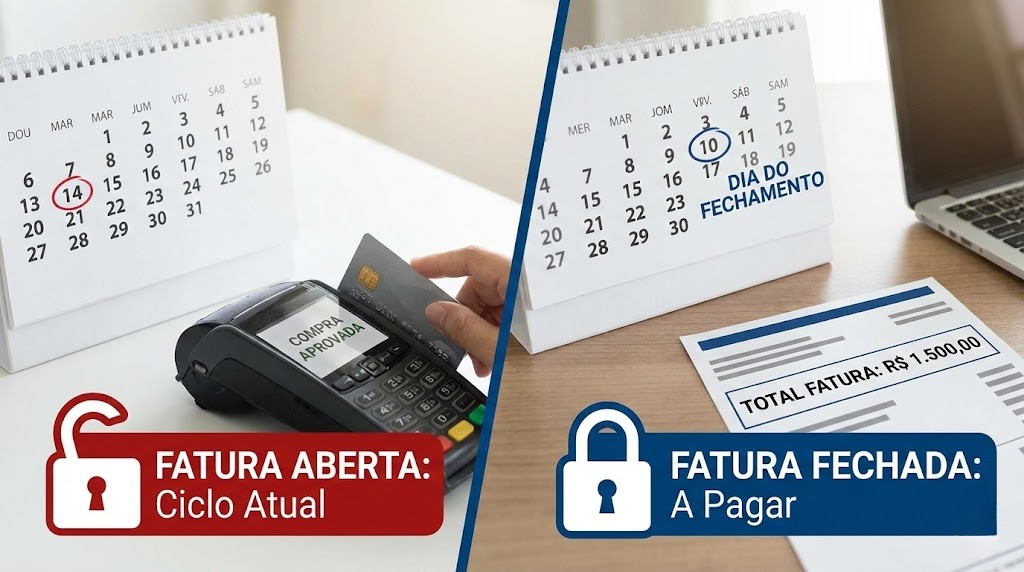 Comparação visual explica a diferença entre fatura fechada e fatura aberta em cartão de crédito