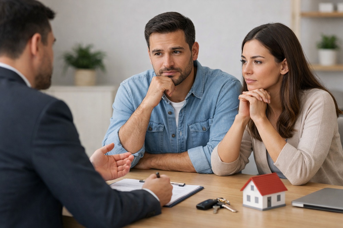 Casal sentado em frente a um consultor financeiro durante reunião sobre financiamento imobiliário, atentos e pensativos enquanto analisam um contrato; sobre a mesa há caneta, chaves de carro, notebook fechado e uma maquete de casa com telhado vermelho, simbolizando a garantia de imóvel. O ambiente claro e organizado reforça o contexto de uma decisão financeira importante, como avaliar se empréstimo com garantia vale a pena.