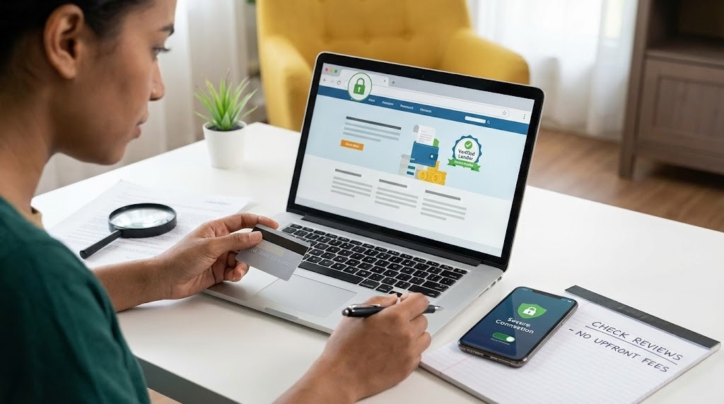 Pessoa analisando empréstimo online confiável no notebook com cartão e celular sobre a mesa.