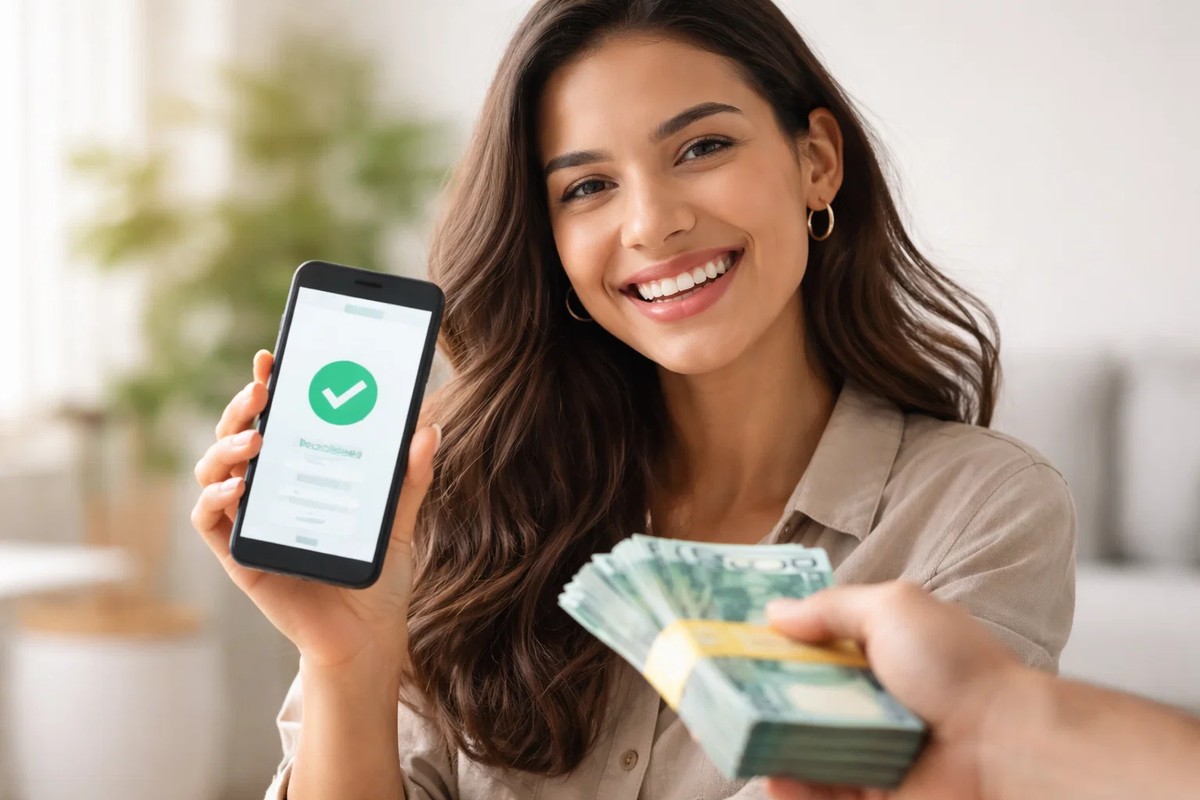 Mulher sorridente segura smartphone com confirmação de pagamento na tela enquanto recebe dinheiro em mãos, ilustrando empréstimo rápido sem burocracia por meio digital