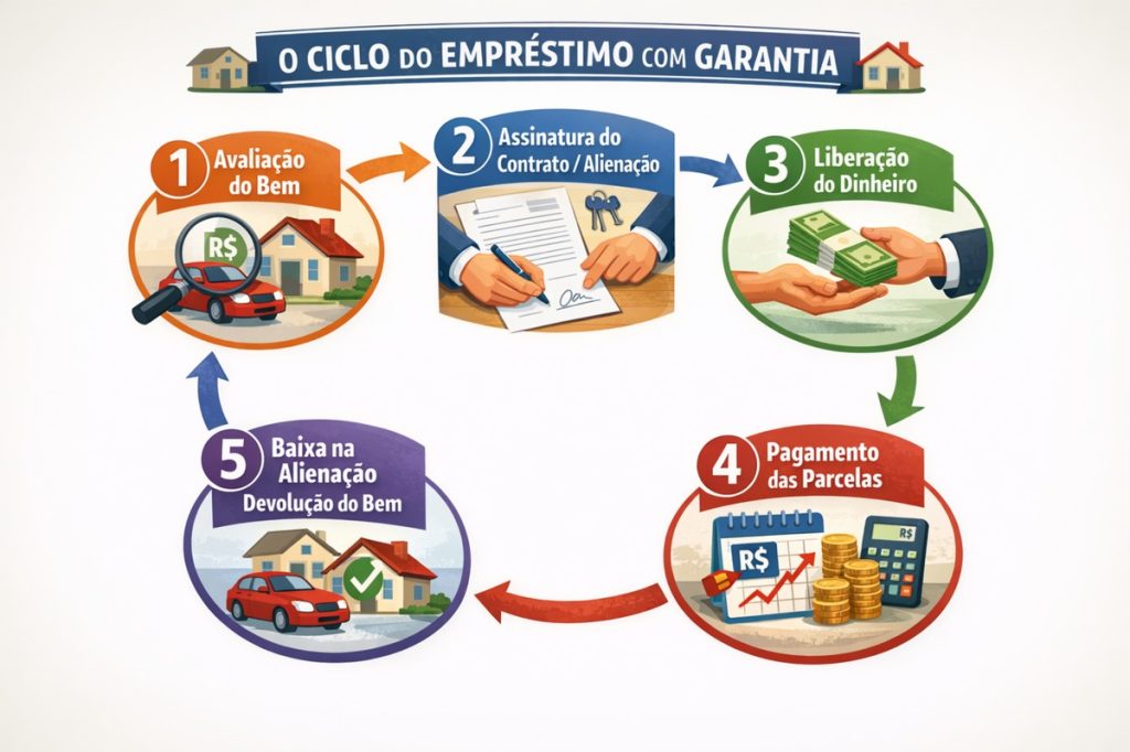 Infográfico mostra o ciclo do crédito, com as etapas de avaliação do bem, assinatura do contrato, liberação do dinheiro, pagamento das parcelas e baixa da alienação; explica visualmente quando o empréstimo com garantia vale a pena.
