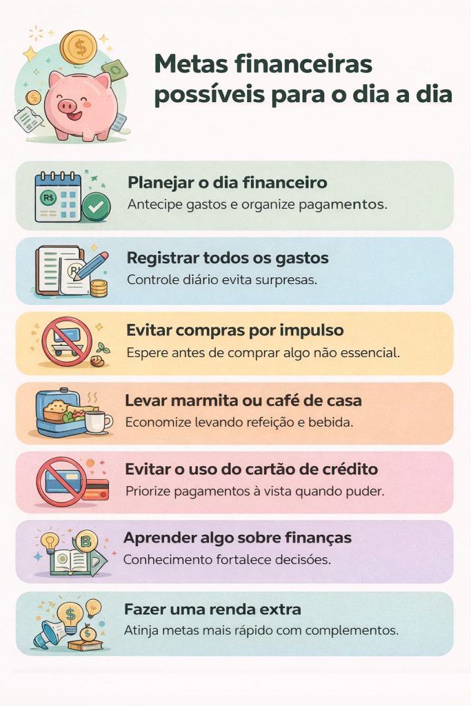 Infográfico clean com metas financeiras possíveis para o dia a dia, destacando hábitos práticos dentro de um planejamento financeiro pessoal simples, como registrar gastos, evitar impulsos e gerar renda extra.