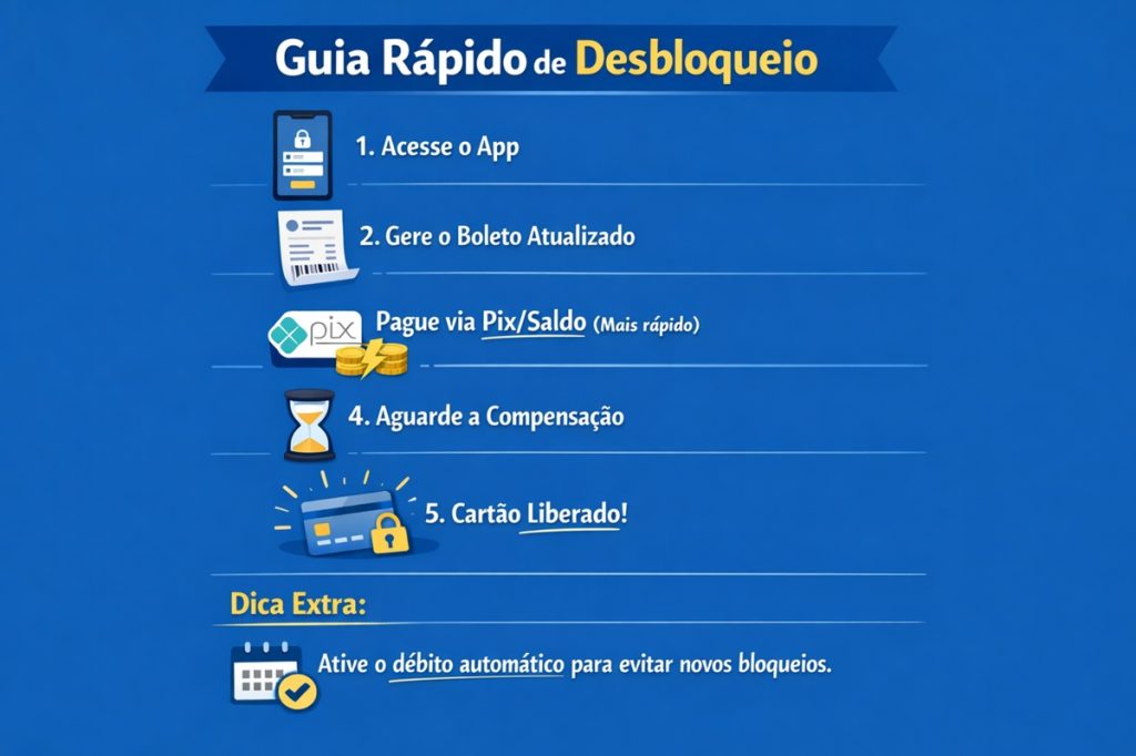 Infográfico em fundo azul com o título “Guia Rápido de Desbloqueio”, mostrando passo a passo para resolver cartão de crédito bloqueado por atraso: acessar o aplicativo, gerar boleto atualizado, pagar via Pix ou saldo, aguardar a compensação e liberar o cartão, além de dica para ativar débito automático e evitar novos bloqueios. 