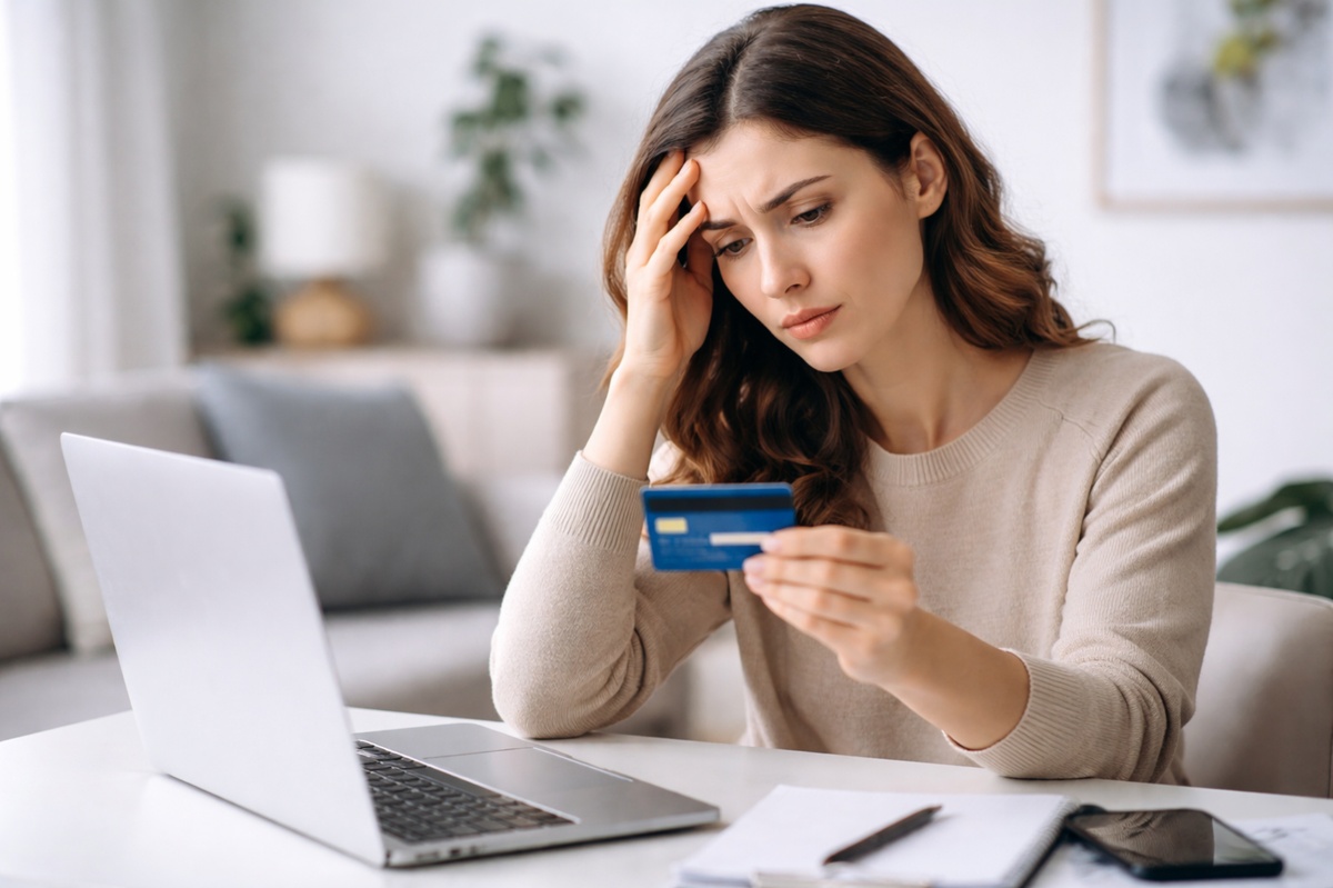 Mulher sentada em casa diante de um notebook segurando um cartão de crédito e demonstrando preocupação ao verificar suas finanças, representando uma situação de cartão de crédito bloqueado por atraso e dificuldades para realizar pagamentos online.