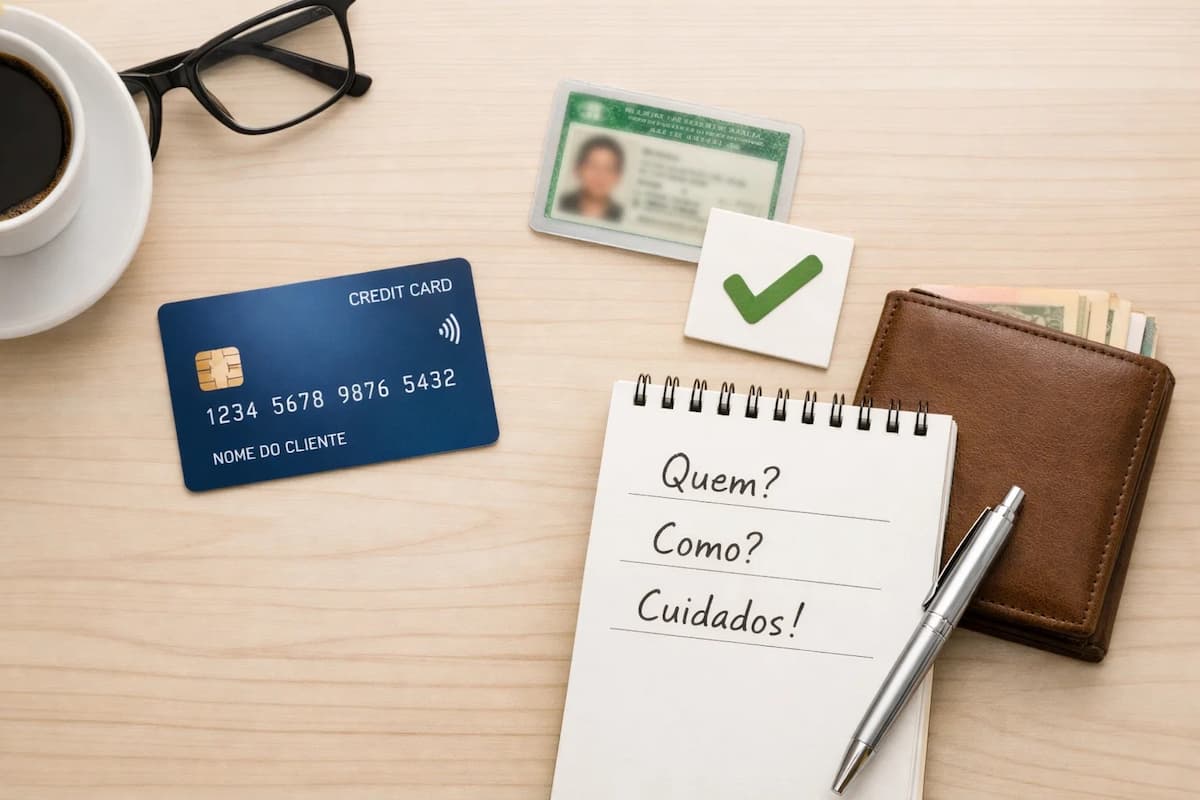 Cartão de crédito azul sobre uma mesa de madeira ao lado de carteira com dinheiro, documento de identidade, caderno com anotações “Quem? Como? Cuidados!”, caneta, óculos e uma xícara de café, representando organização financeira e análise de crédito.